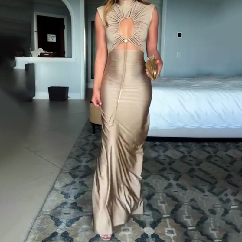 Rochie maxi genis cu decolteu inalt cu bust elastic si fara maneci