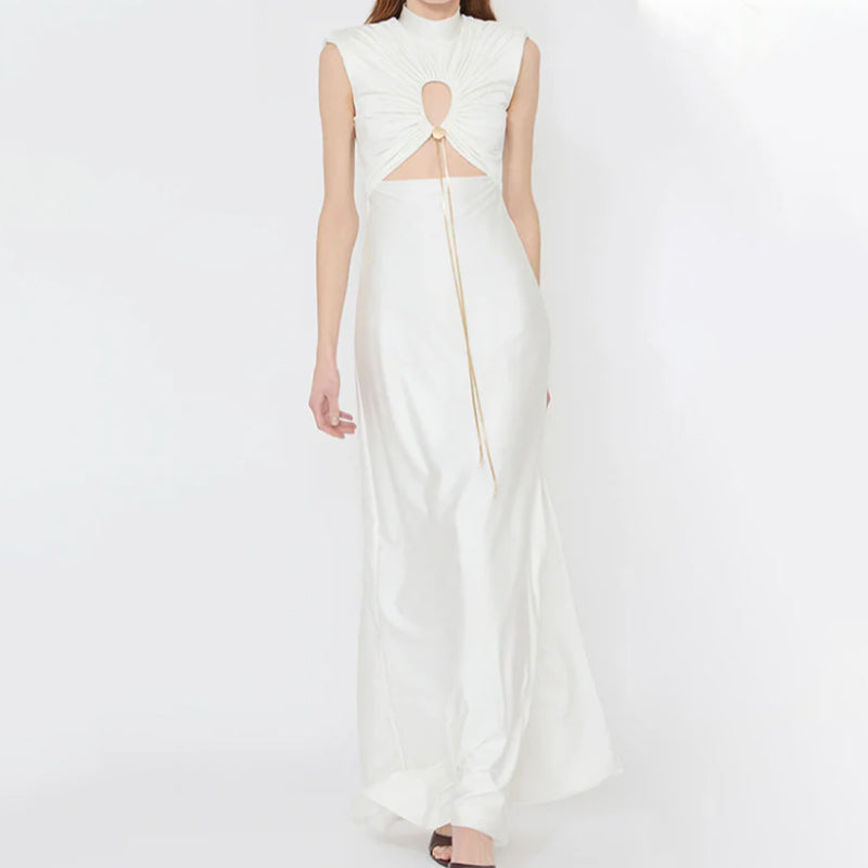 Rochie maxi genis cu decolteu inalt cu bust elastic si fara maneci