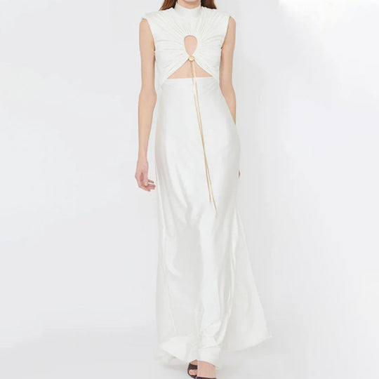 Rochie maxi genis cu decolteu inalt cu bust elastic si fara maneci