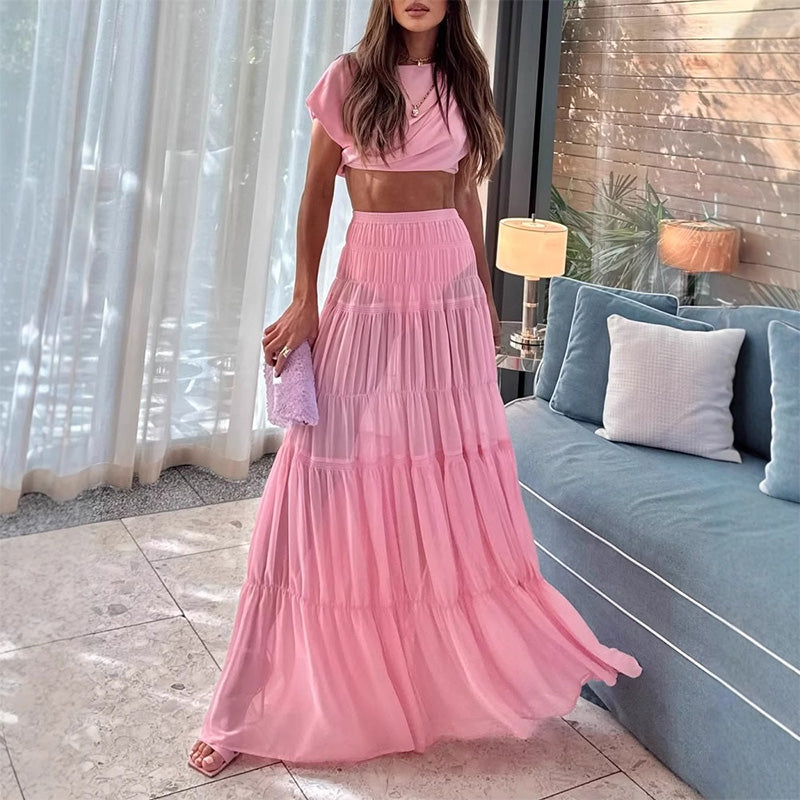 Stunning Chiffon Ruched Shoulder Crop Top & Elastic Waist Layered A-line Maxi Skirt