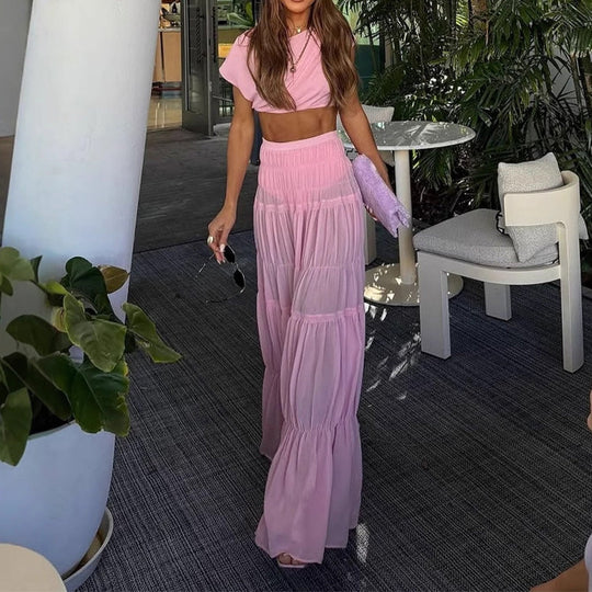 Stunning Chiffon Ruched Shoulder Crop Top & Elastic Waist Layered A-line Maxi Skirt
