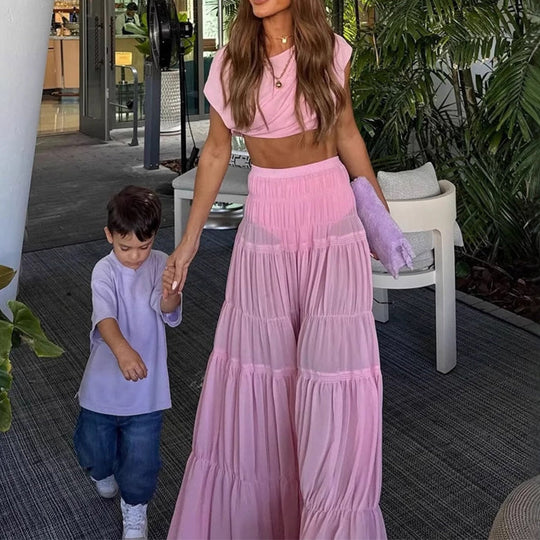 Stunning Chiffon Ruched Shoulder Crop Top & Elastic Waist Layered A-line Maxi Skirt