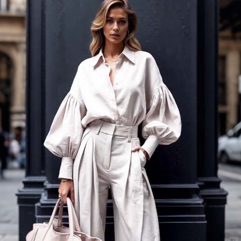 Ühevärviline reväär, pikkade varrukatega avara särgi ja vabaaja laiade pükste komplekt