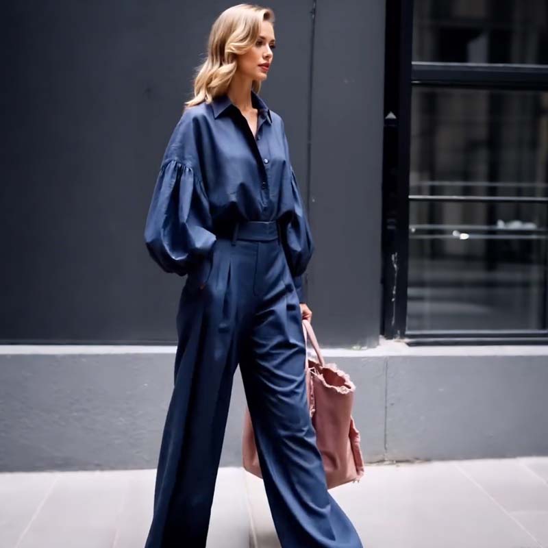 Ühevärviline reväär, pikkade varrukatega avara särgi ja vabaaja laiade pükste komplekt