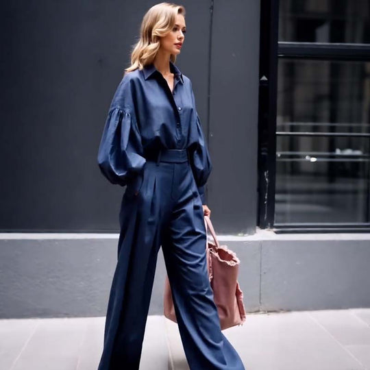 Ühevärviline reväär, pikkade varrukatega avara särgi ja vabaaja laiade pükste komplekt