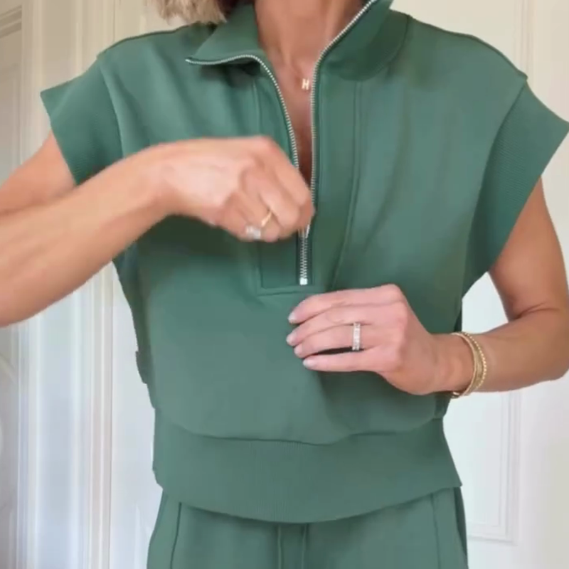 Set hanorac cu mânecă scurtă cu jumătate de fermoar Buttery Touch și pantaloni scurți casual cu buzunar elastic în talie