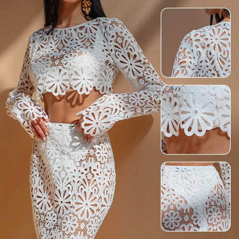 Balmy Summers Croșetat Dantela Model Floral Talie Elastică Coadă De Pește Vacanță Fusta Maxi