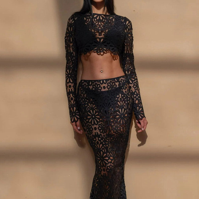 Balmy Summers Croșetat Dantela Model Floral Talie Elastică Coadă De Pește Vacanță Fusta Maxi