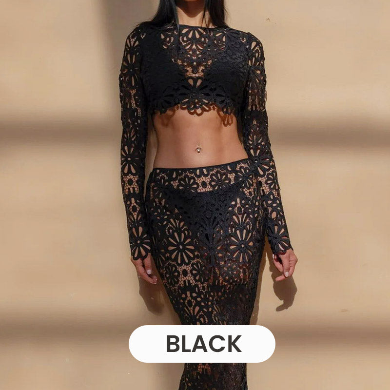 Balmy Summers Croșetat Dantela Model Floral Talie Elastică Coadă De Pește Vacanță Fusta Maxi