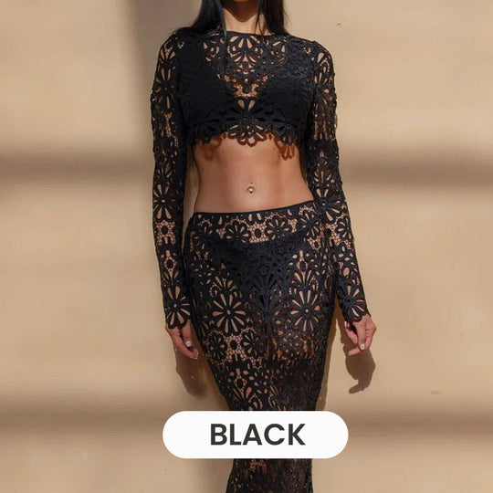 Balmy Summers Croșetat Dantela Model Floral Talie Elastică Coadă De Pește Vacanță Fusta Maxi