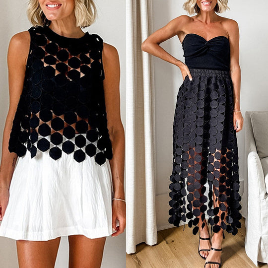 Fusta Maxi Casie See Through Circle Broderie cu talie elastică cu ciucuri