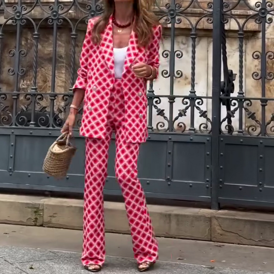 Шыкавая дама унікальная друк металічная кнопка з кішэні Blazer Blazer і эластычныя таліі, набор штаноў для ўспышкі