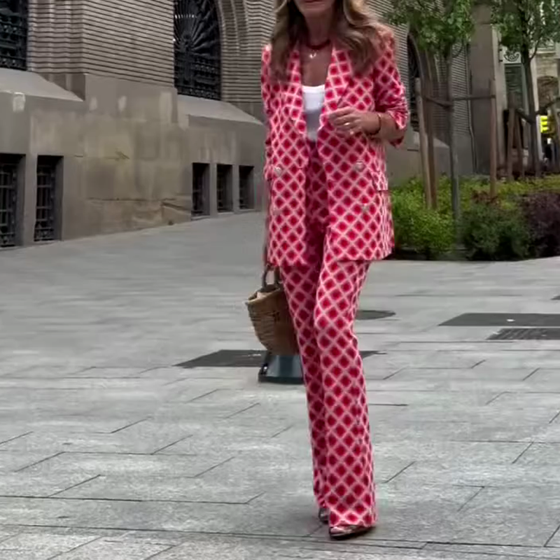 Chic Lady Unique Print Metal Button Pocketed Lapel Blazer and Elastic Waist Flare Pants Set