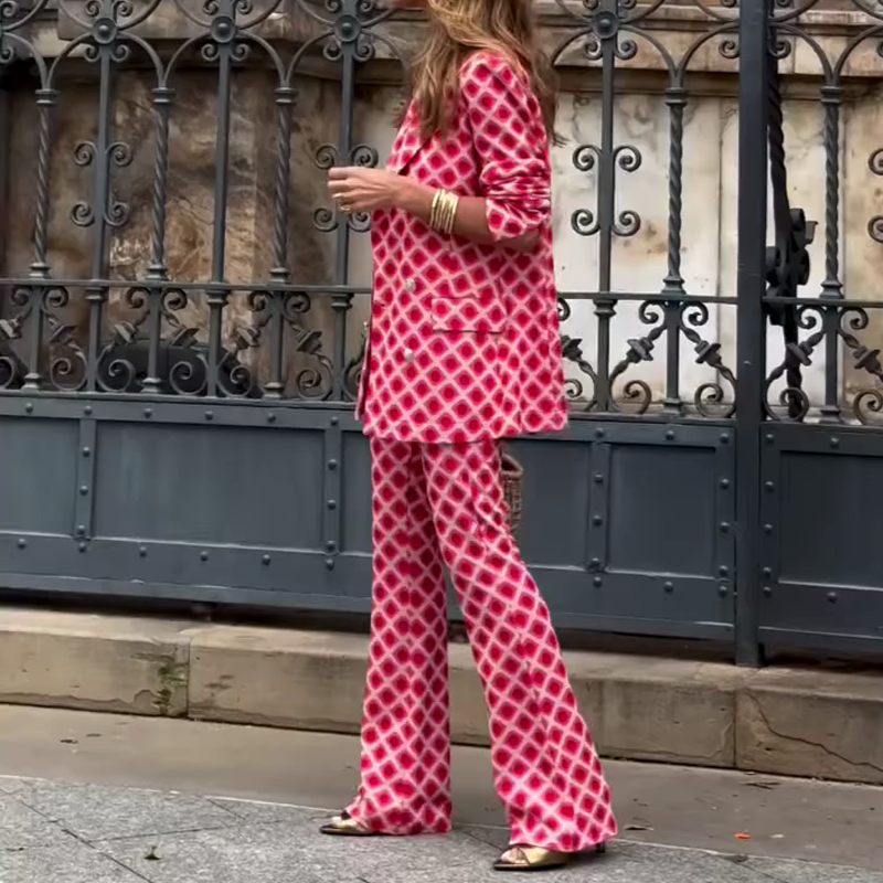 Шыкавая дама унікальная друк металічная кнопка з кішэні Blazer Blazer і эластычныя таліі, набор штаноў для ўспышкі