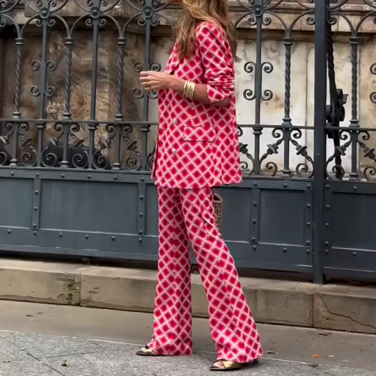 Шыкавая дама унікальная друк металічная кнопка з кішэні Blazer Blazer і эластычныя таліі, набор штаноў для ўспышкі