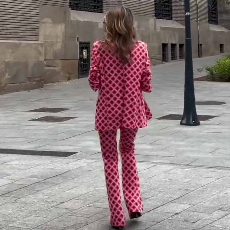 Шыкавая дама унікальная друк металічная кнопка з кішэні Blazer Blazer і эластычныя таліі, набор штаноў для ўспышкі