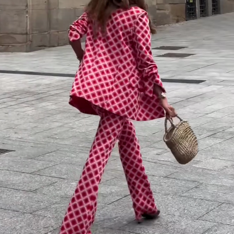 Шыкавая дама унікальная друк металічная кнопка з кішэні Blazer Blazer і эластычныя таліі, набор штаноў для ўспышкі