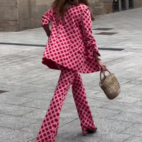 Шыкавая дама унікальная друк металічная кнопка з кішэні Blazer Blazer і эластычныя таліі, набор штаноў для ўспышкі