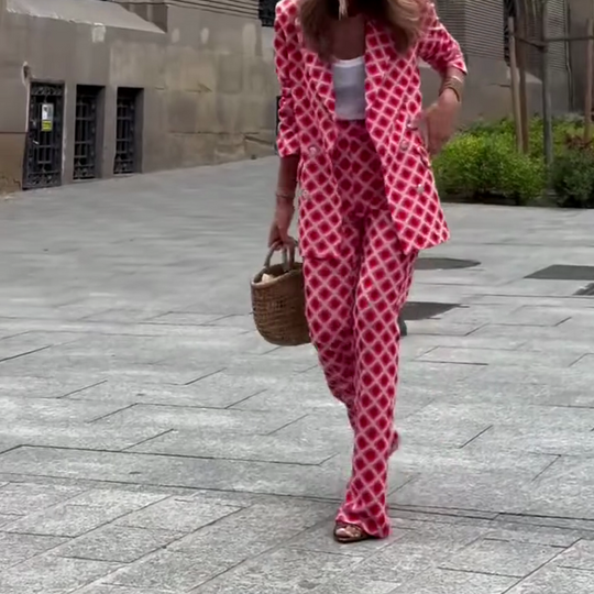 Шыкавая дама унікальная друк металічная кнопка з кішэні Blazer Blazer і эластычныя таліі, набор штаноў для ўспышкі