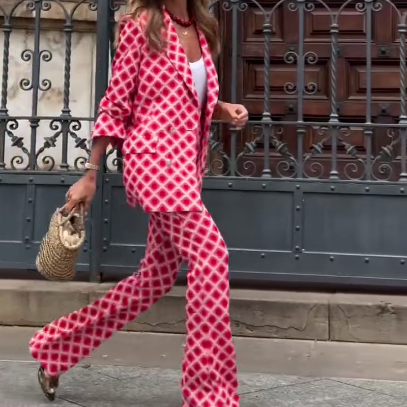 Шыкавая дама унікальная друк металічная кнопка з кішэні Blazer Blazer і эластычныя таліі, набор штаноў для ўспышкі