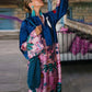 Seaside Stroll Satin Unique Print Button Up Long Sleeve Slit Kaftan Midi Dress