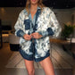 Bohemian Elegant Satin Contrast Color Unique Print Button Up Pocket Loose Blouse