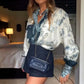 Bohemian Elegant Satin Contrast Color Unique Print Button Up Pocket Loose Blouse