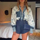 Bohemian Elegant Satin Contrast Color Unique Print Button Up Pocket Loose Blouse