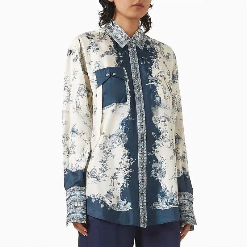 Bohēmiski eleganta satīna kontrasta krāsa unikāla drukas poga uz augšu, kabatas brīva blūze