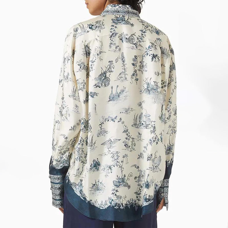 Bohēmiski eleganta satīna kontrasta krāsa unikāla drukas poga uz augšu, kabatas brīva blūze