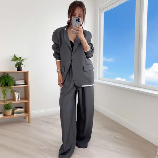 Sieviešu žakete ar garām piedurknēm & Platu bikšu divdaļīgs komplekts