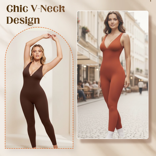 💞95K+ SOLD!🌸High-Stretch V-Neck Jumpsuit – All-day ease for fitness & beyond. Breathable, flexible & effortlessly chic. Your go-to for movement. 🧘‍♀️💫