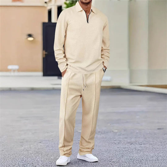 👔 LIMITED-TIME 50% OFF! ✨ Men's Sweatshirt & Pants Set – Waffle Knit, Quarter-Zip, Relaxed Fit, Loungewear ✨