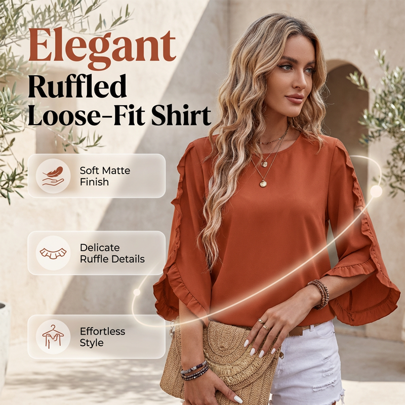 Women's Ruffle Trim Flowy Sleeve Blouse