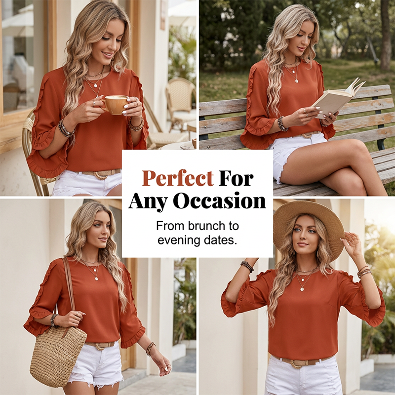 Women's Ruffle Trim Flowy Sleeve Blouse