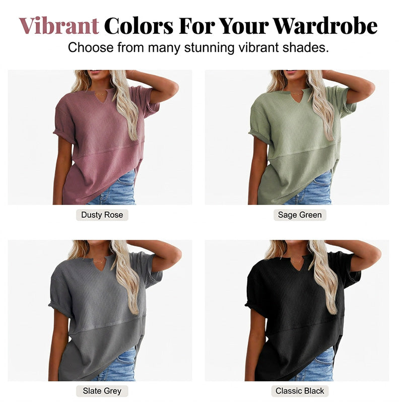 Women's Casual V-neck Patchwork Short-Sleeved Shirt