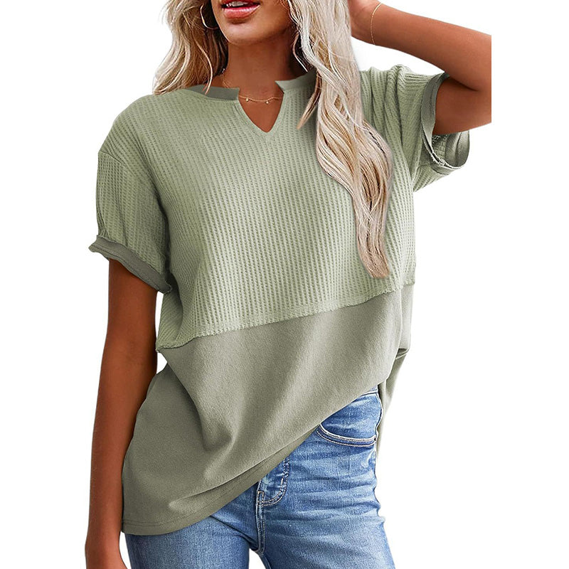 Women's Casual V-neck Patchwork Short-Sleeved Shirt