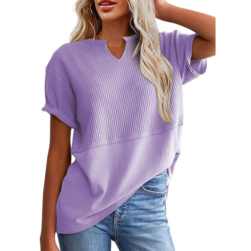 Women's Casual V-neck Patchwork Short-Sleeved Shirt