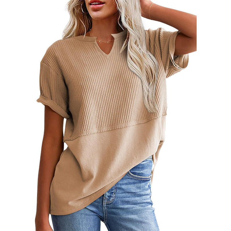 Women's Casual V-neck Patchwork Short-Sleeved Shirt
