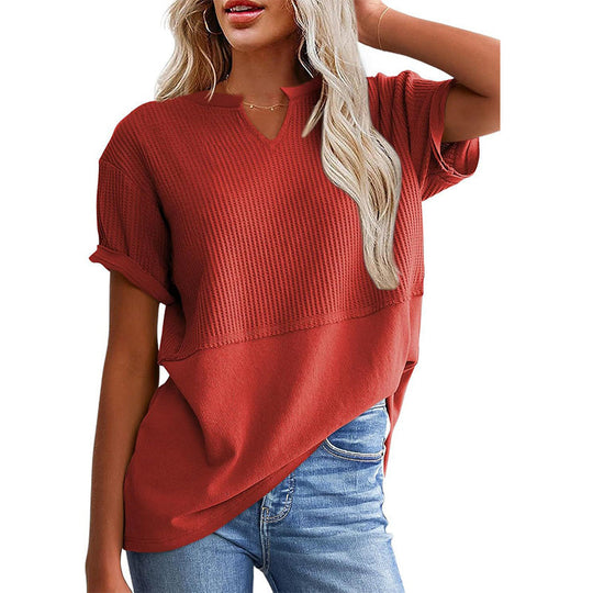 Women's Casual V-neck Patchwork Short-Sleeved Shirt