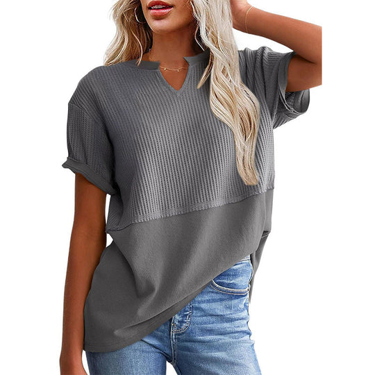 Women's Casual V-neck Patchwork Short-Sleeved Shirt
