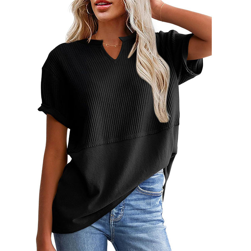 Women's Casual V-neck Patchwork Short-Sleeved Shirt