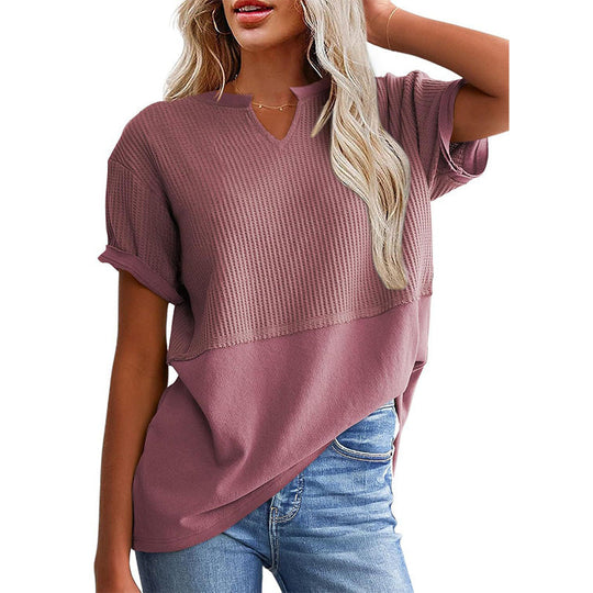 Women's Casual V-neck Patchwork Short-Sleeved Shirt