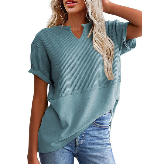 Women's Casual V-neck Patchwork Short-Sleeved Shirt