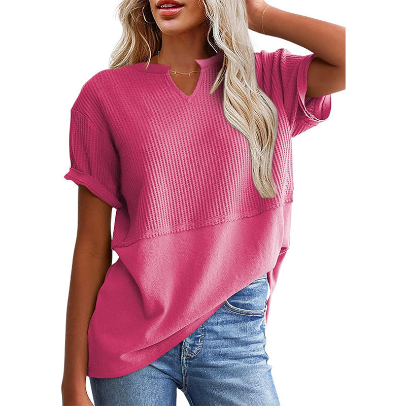 Women's Casual V-neck Patchwork Short-Sleeved Shirt