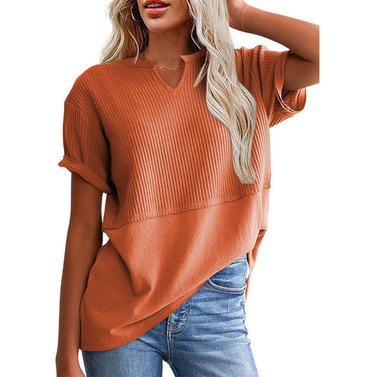 Women's Casual V-neck Patchwork Short-Sleeved Shirt