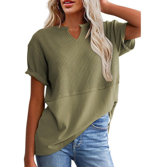 Women's Casual V-neck Patchwork Short-Sleeved Shirt