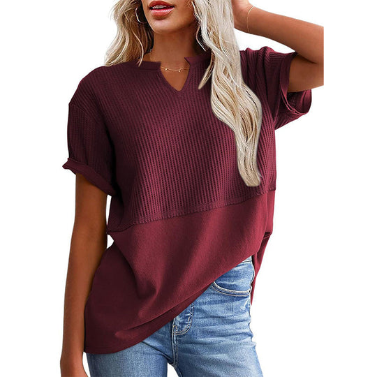 Women's Casual V-neck Patchwork Short-Sleeved Shirt