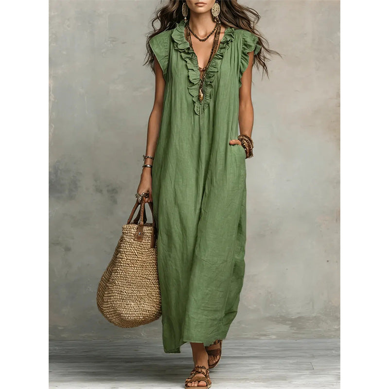 Women's Casual Sleeveless V-Neck Ruffle Dress