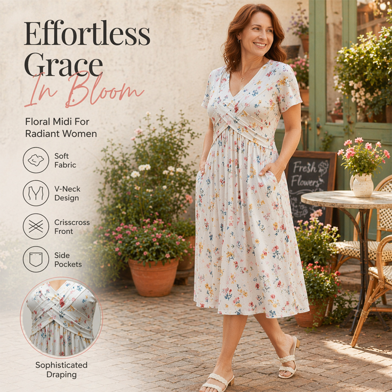 Women’s V-Neck Floral Print Dress – Twist Waist & Flattering Fit
